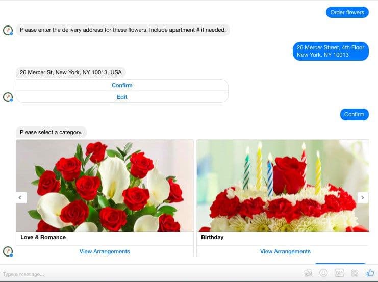 A flower ordering chatbot interface confirming a delivery address and displaying "Love & Romance" (red roses, white calla lilies) and "Birthday" (floral cake with candles) categories.