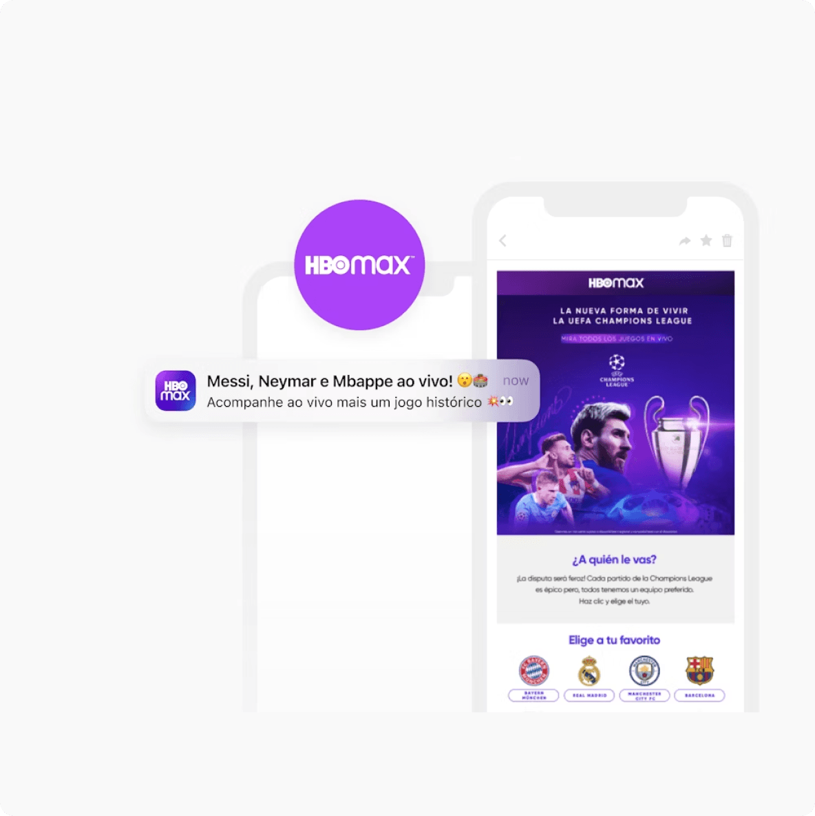 HBO Max app screens showing a live UEFA Champions League football match promotion featuring Messi, Neymar, and Mbappé, alongside a push notification.