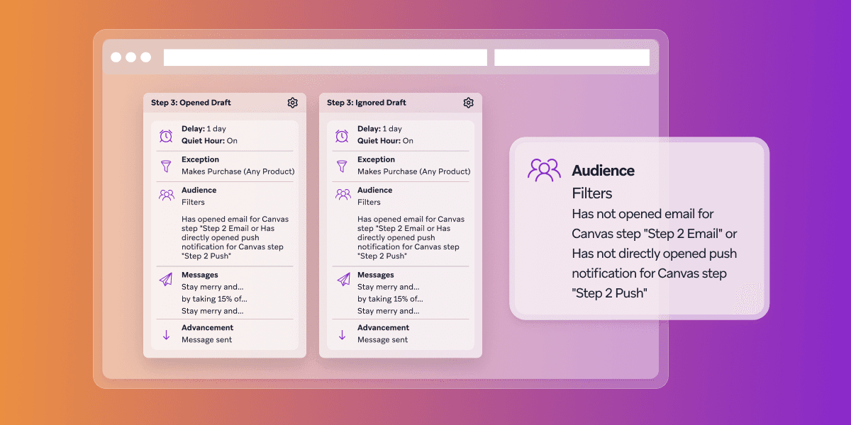 a screenshot of a web page showing audience filters has not opened email for canvas step