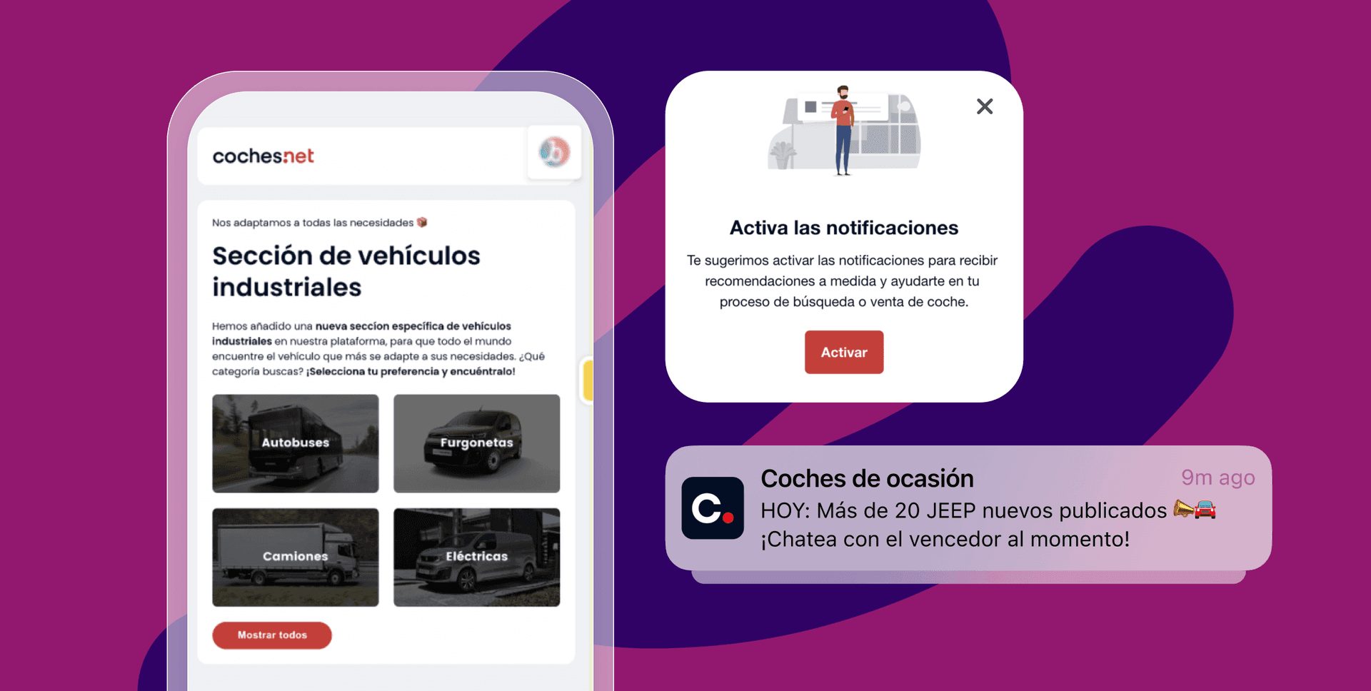 A mobile phone displays the coches.net app's industrial vehicle section, with notifications about activating alerts and new JEEP listings.