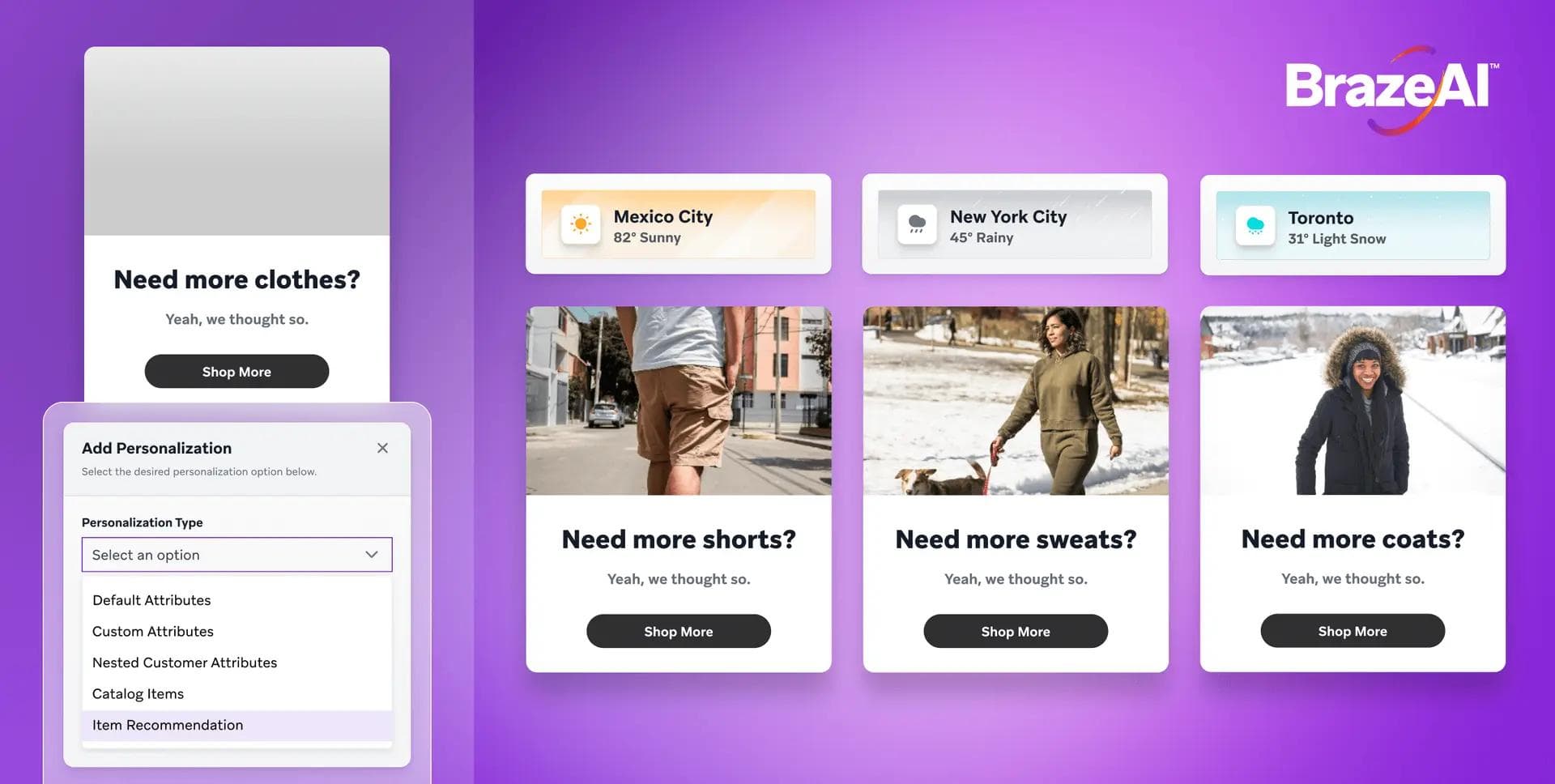 BrazeAI interface showing personalized clothing recommendations (shorts, sweats, coats) based on city weather data, with a personalization configuration menu open on the left.