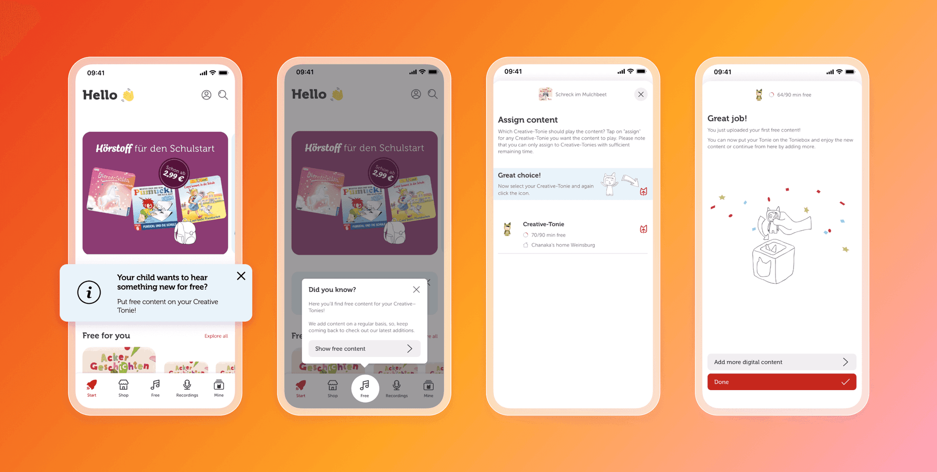 Four mobile app screens illustrating the process of assigning free digital content to a Creative Tonie device.
