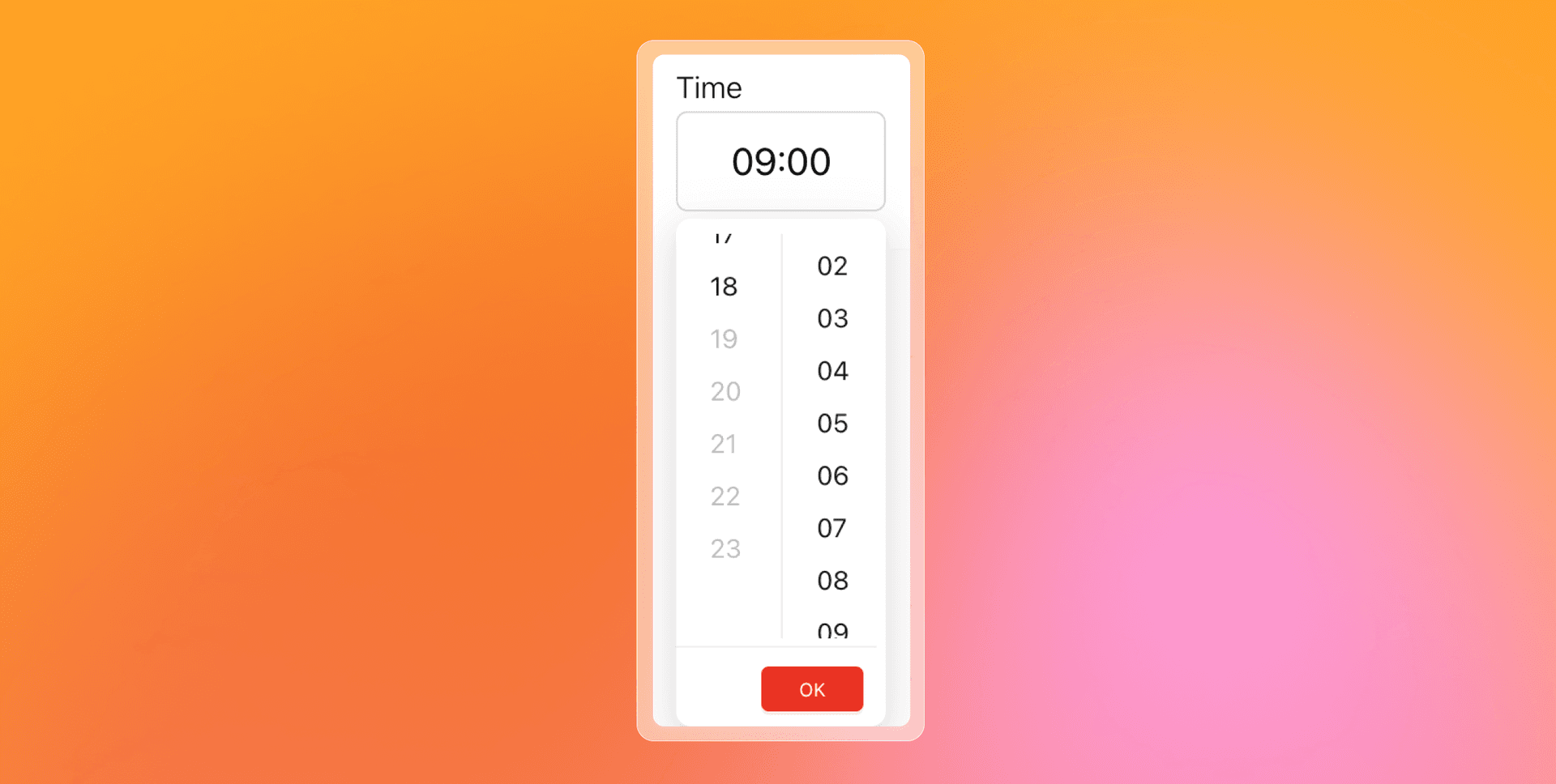 Digital time picker UI showing 09:00 with scrollable hour and minute selectors and an OK button.