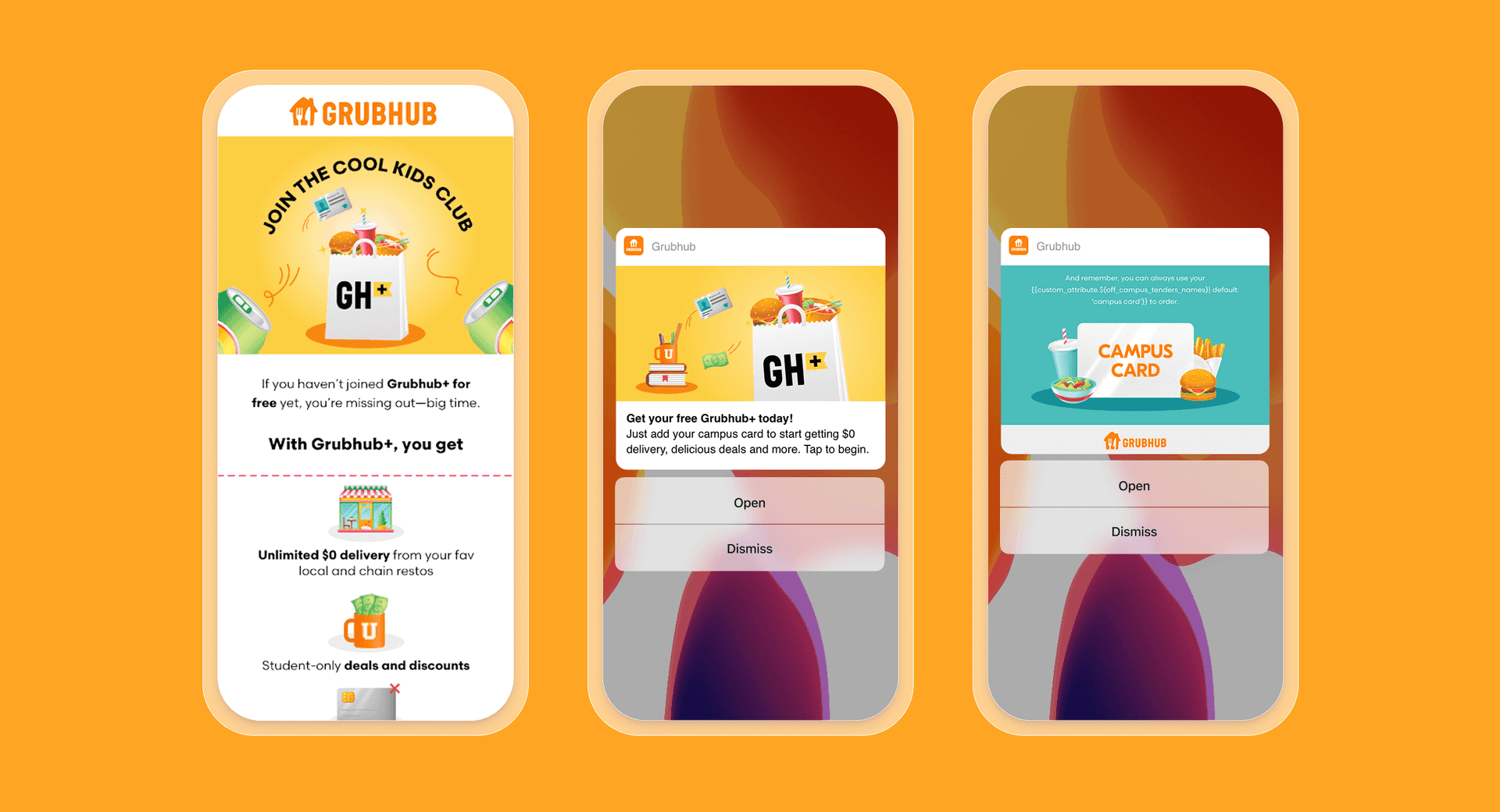 Three mobile phone screens display Grubhub app promotions for students, featuring Grubhub+ benefits and campus card integration.