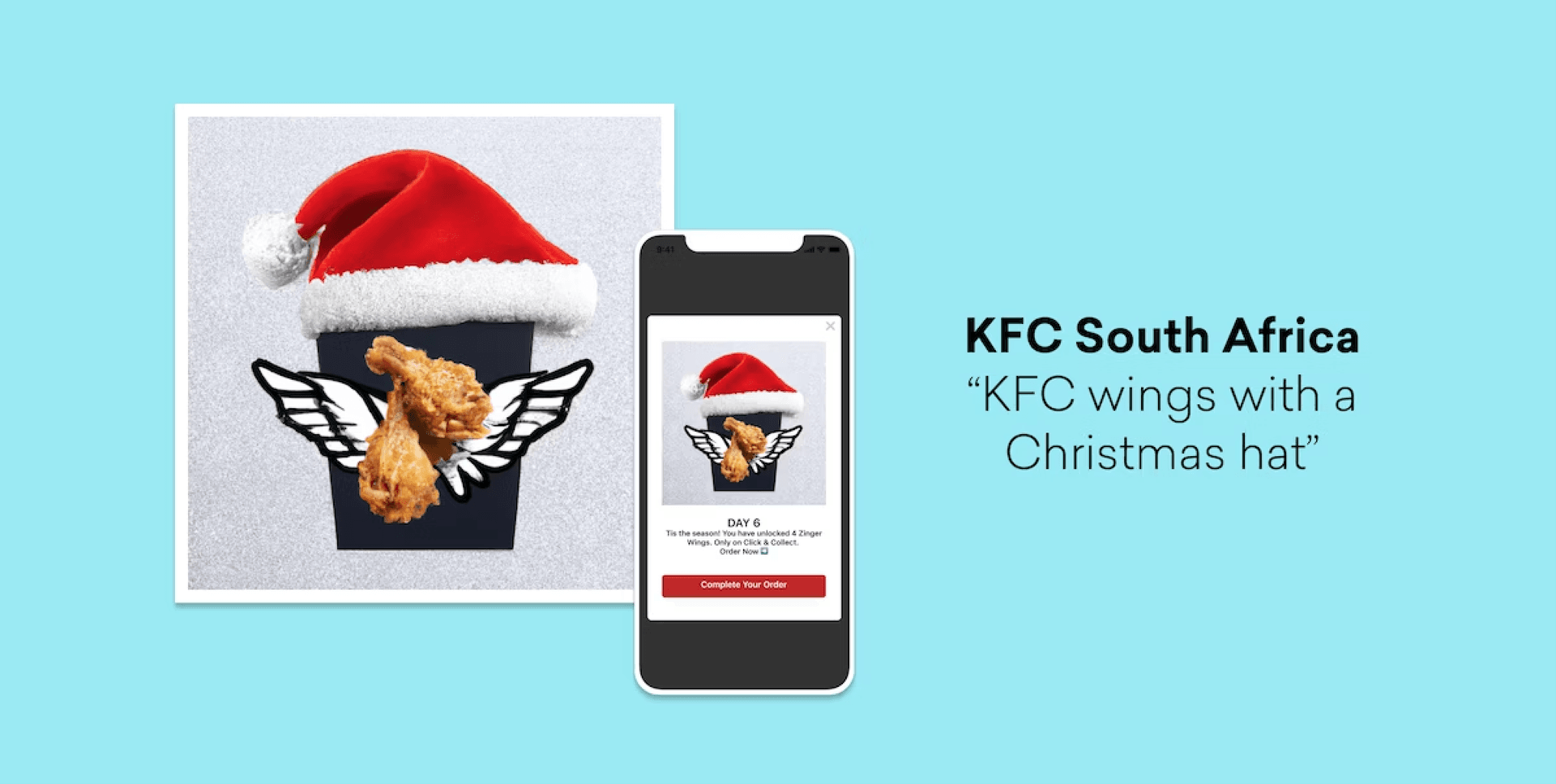 KFC South Africa mobile app featuring a bucket of chicken drumsticks and wings wearing a Santa hat.