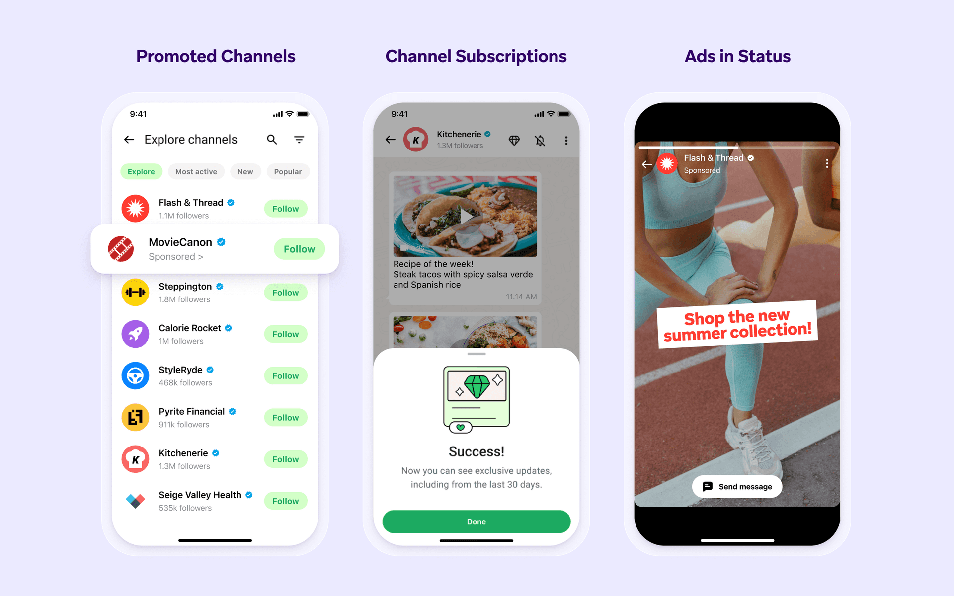 a screenshot of a phone screen showing promoted channels channel subscriptions and ads in status