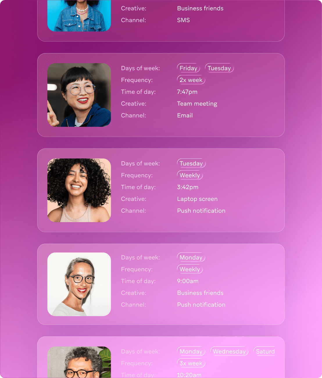 a purple screen shows a list of different types of people