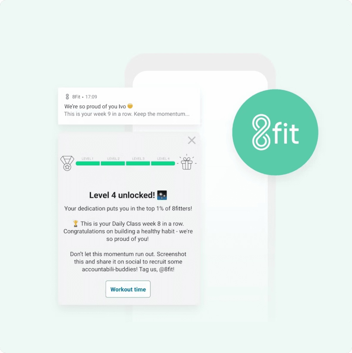 8fit app interface showing a "Level 4 unlocked" achievement for a workout streak, placing the user in the top 1%, with the 8fit logo.