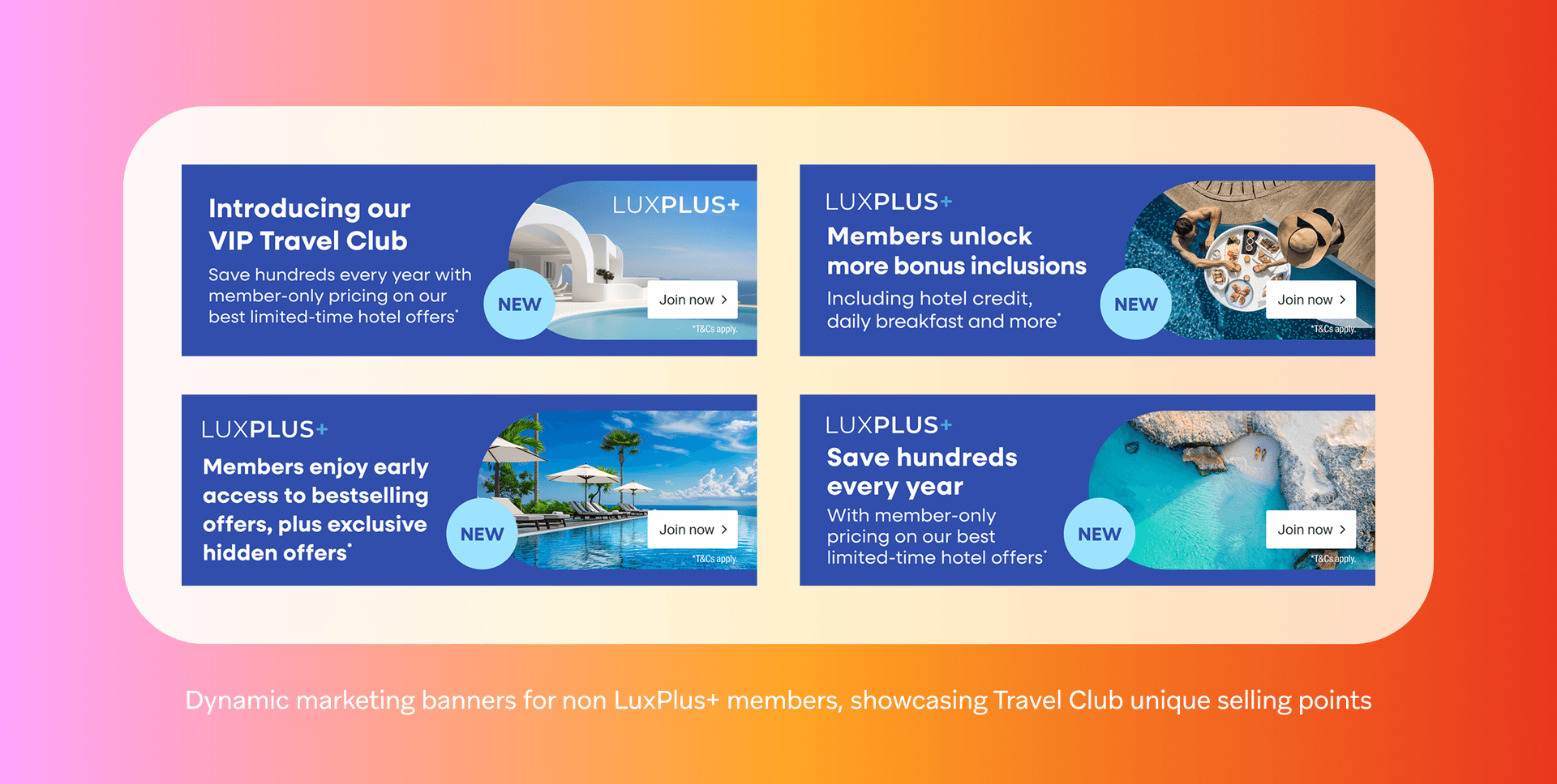 four luxplus banners are displayed on a red background