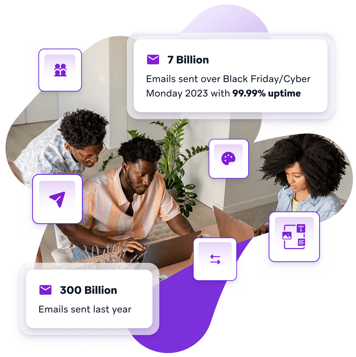 a group of people looking at a laptop with a message that says 7 billion emails sent over black friday / cyber monday