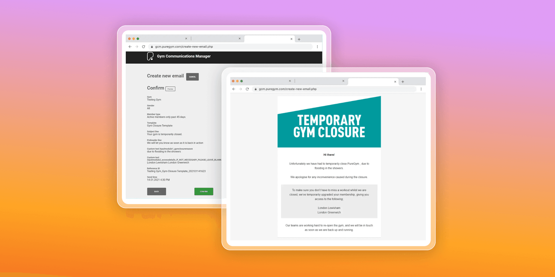 Two browser windows display, on the left, an email creation interface for a "Gym temporary closure" message, and on the right, a preview of that "Temporary Gym Closure" email.