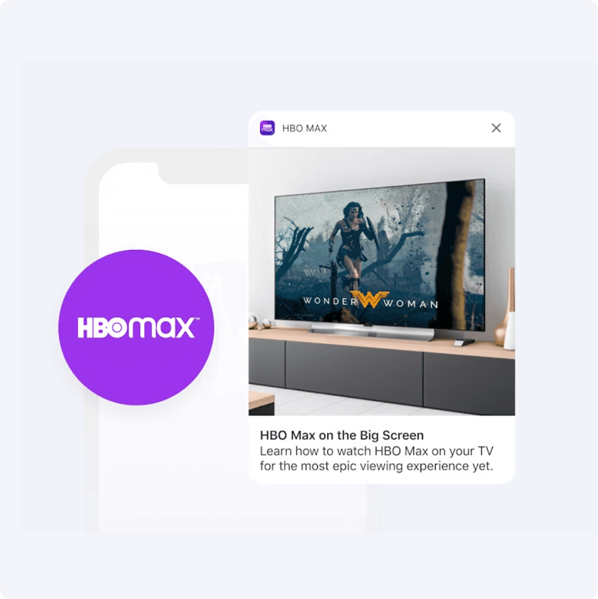 HBO Max ad displaying Wonder Woman on a TV screen, next to the HBO Max logo.