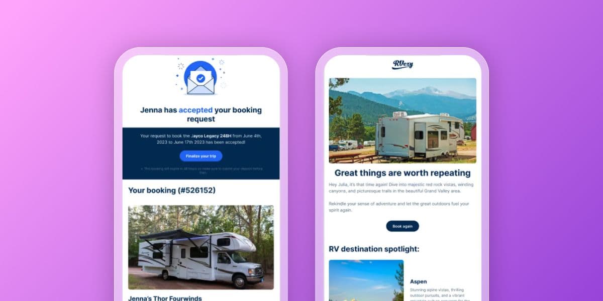 Two smartphone screens display RV rental app interfaces, one confirming a booking and the other promoting RV travel.