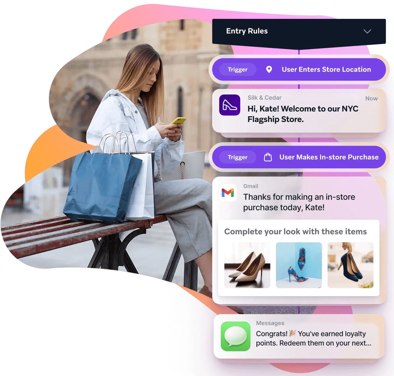 A woman with shopping bags uses her phone, displaying personalized retail notifications for store entry, purchases, product recommendations, and loyalty points.