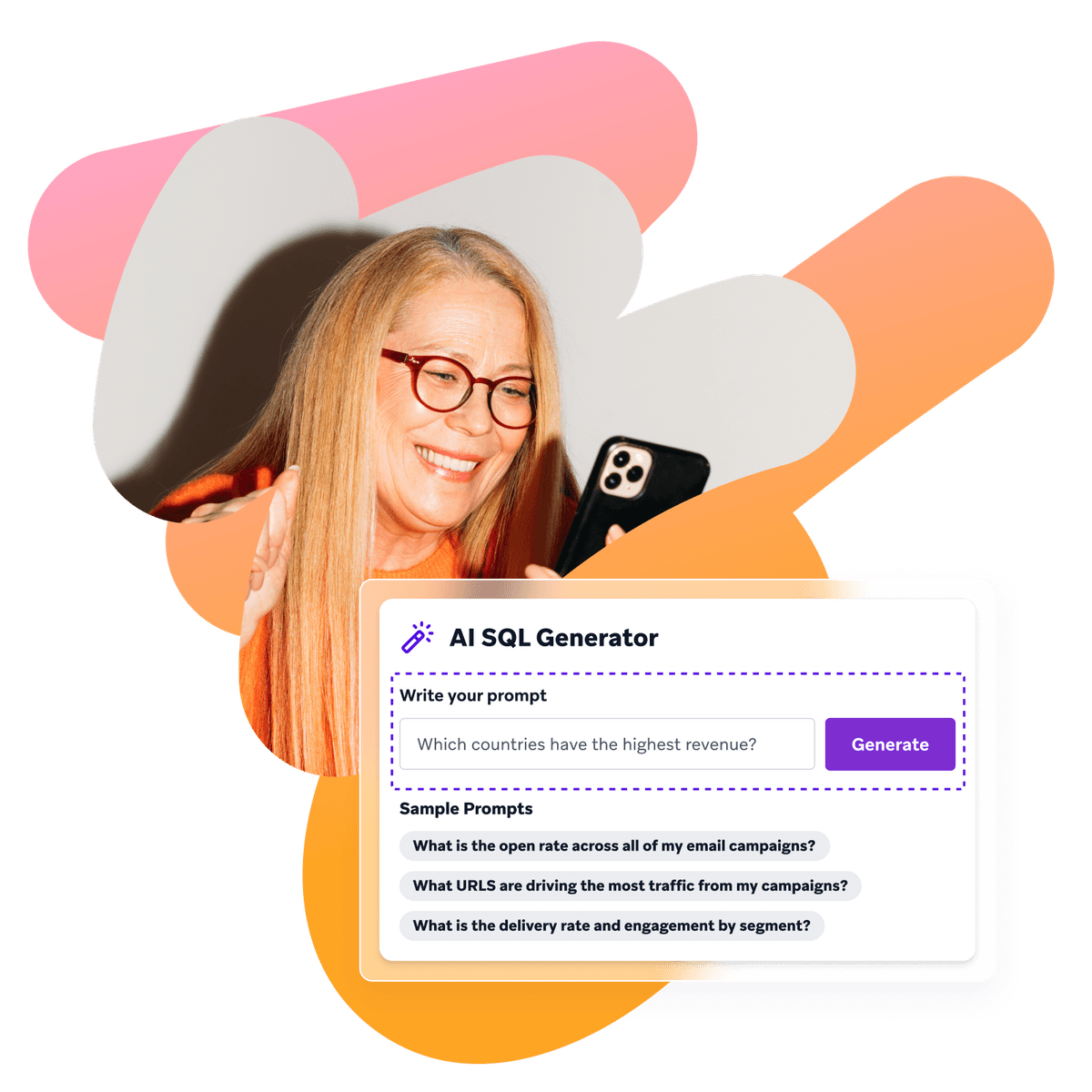 a woman is smiling while using an ai sql generator