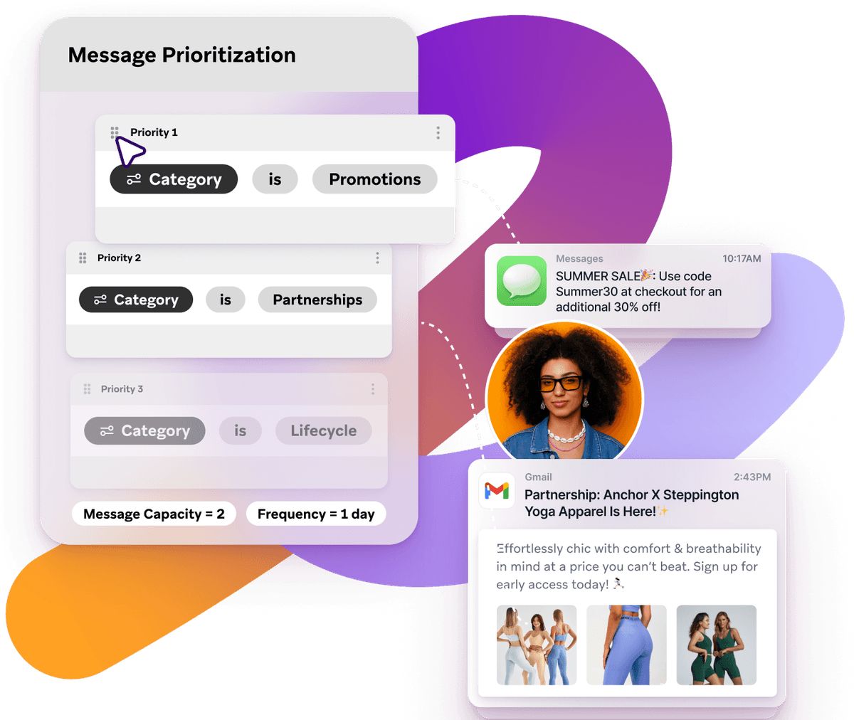 a phone screen shows a message that says partnership anchor x steppington yoga apparel is here
