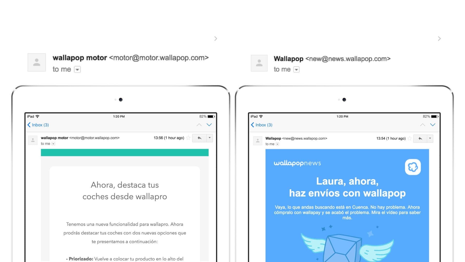 two ipads are displaying emails from wallapop