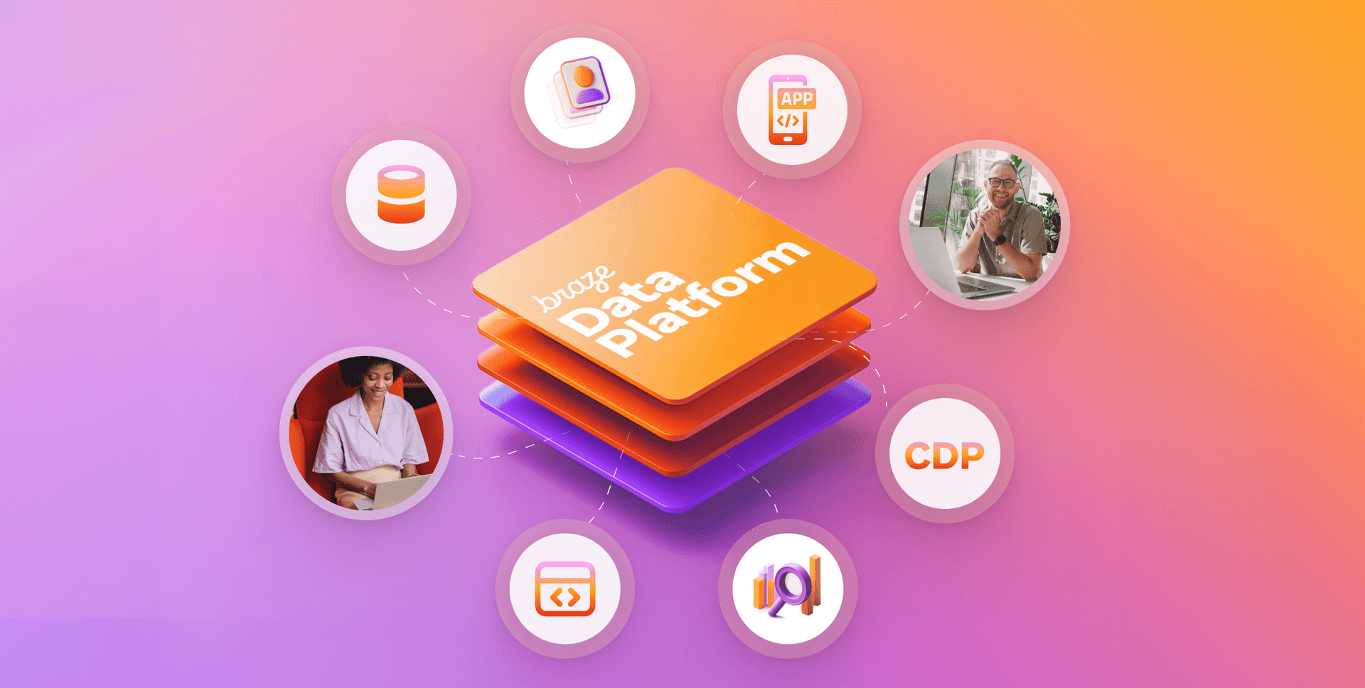 an illustration of a data platform surrounded by icons