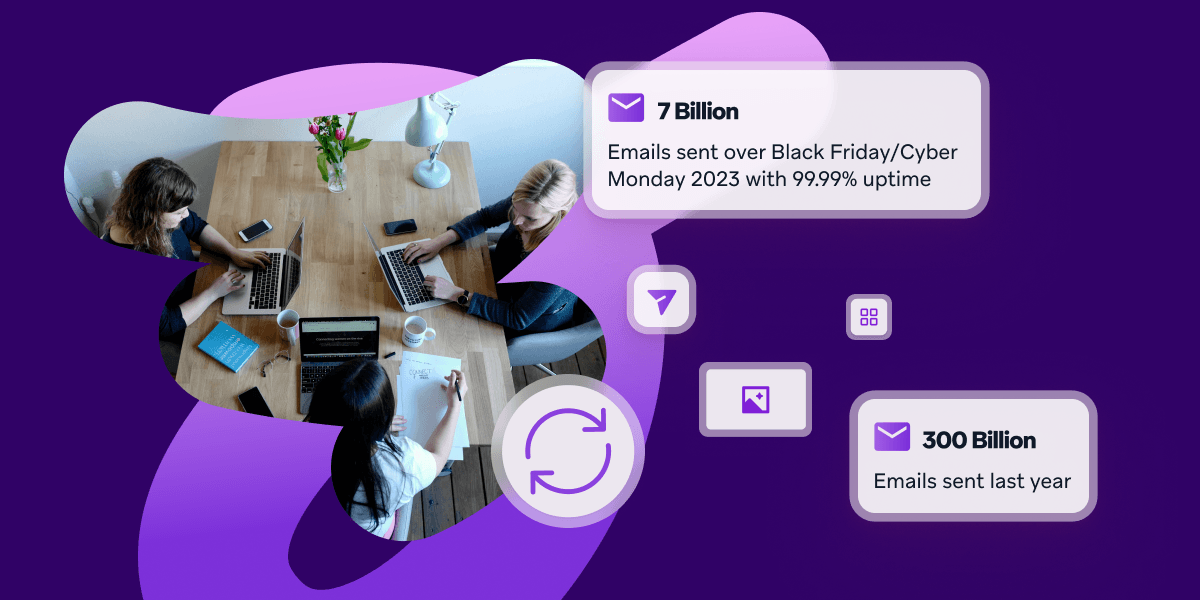 a group of people sitting at a table with a message that says 7 billion emails sent over black friday / cyber monday