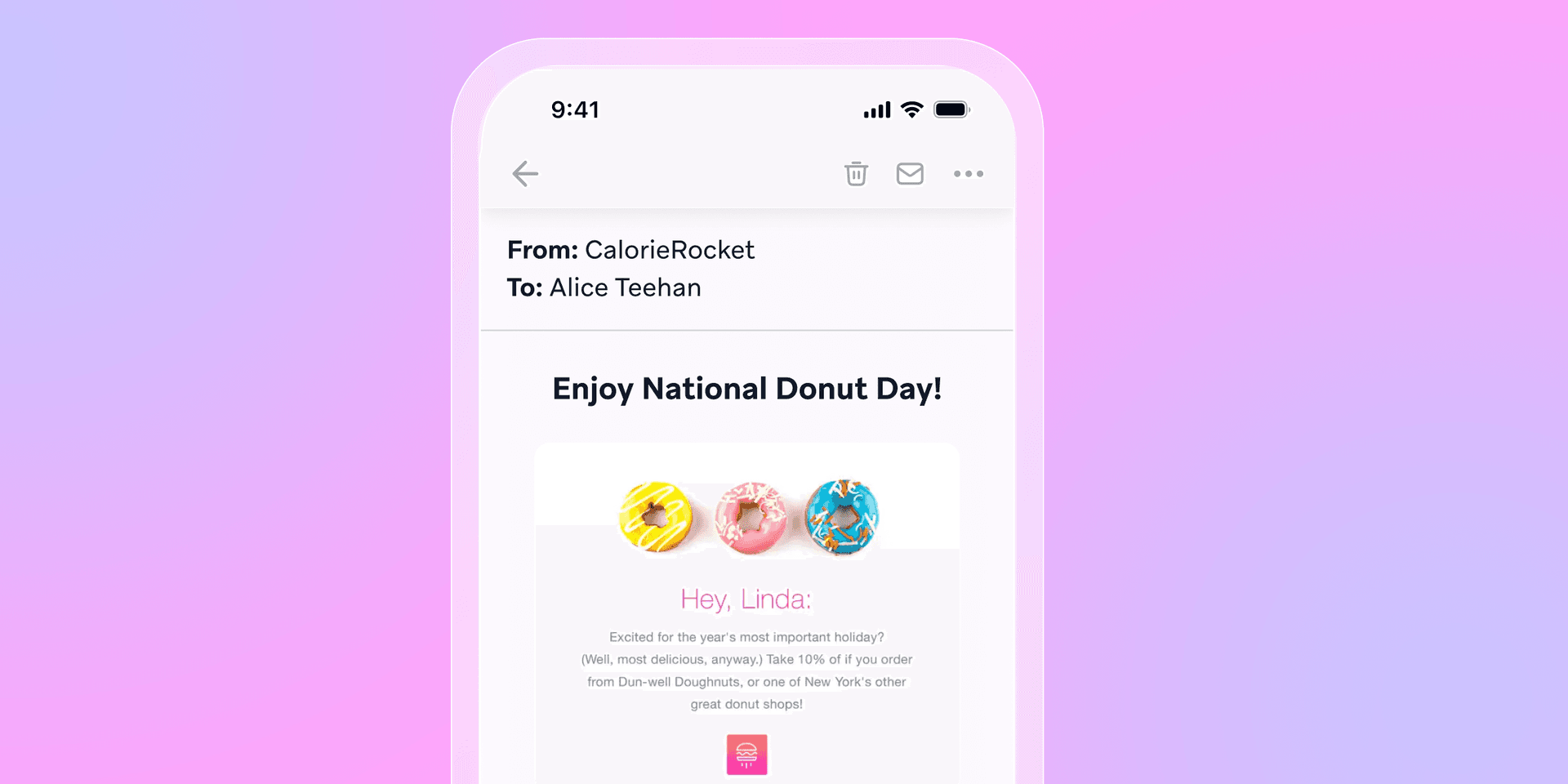 a phone screen shows an email from calorierocket to alice tehan