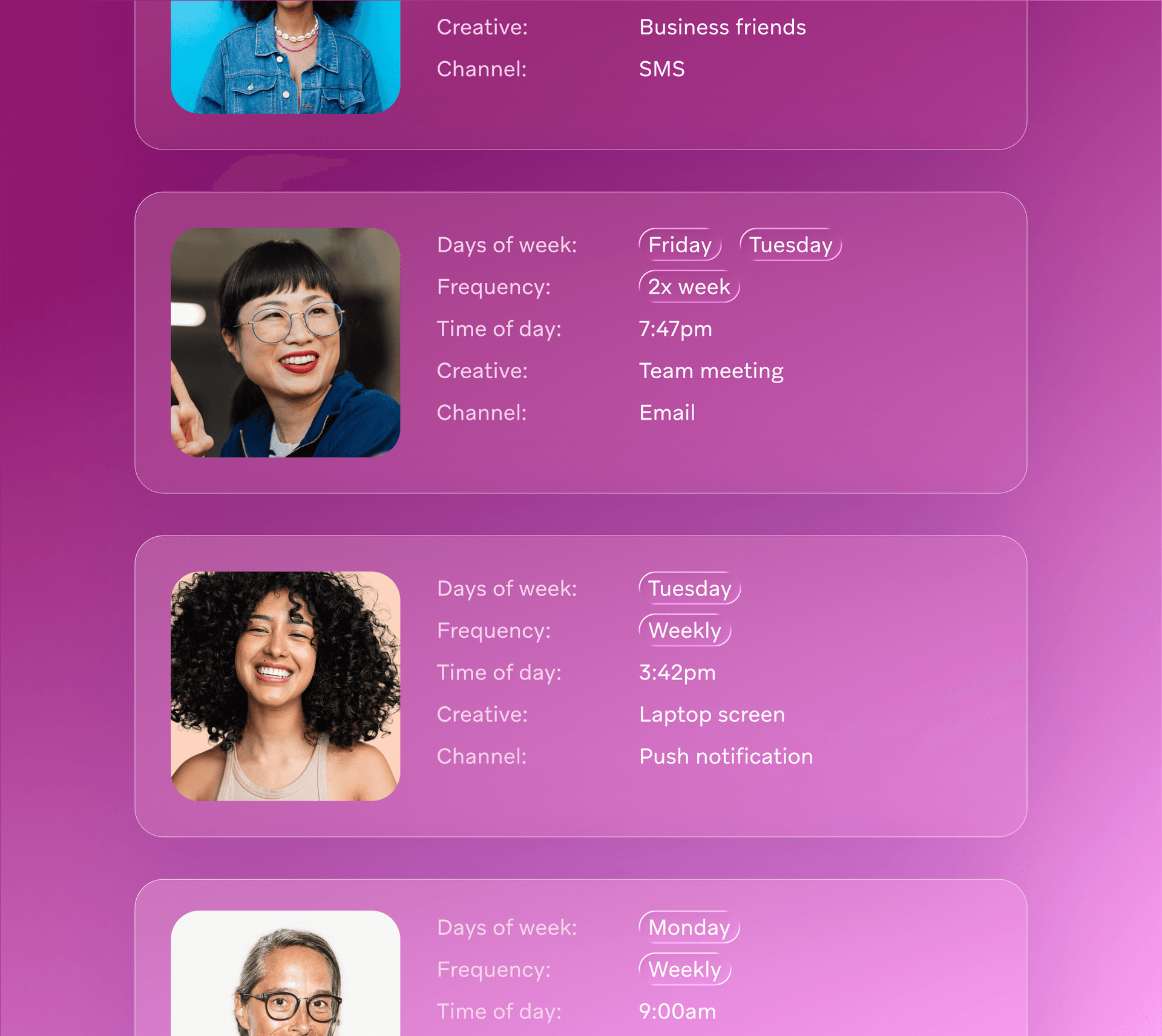User interface with purple cards showing profiles and scheduling details.
