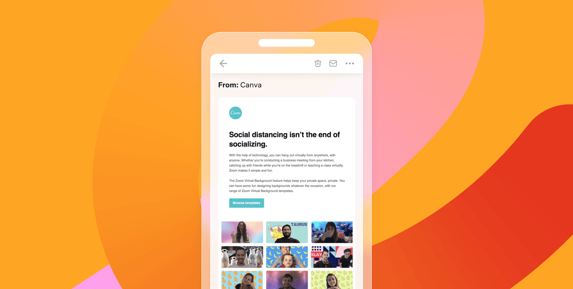 a screen shot of an email that says social distancing isn 't the end of socializing