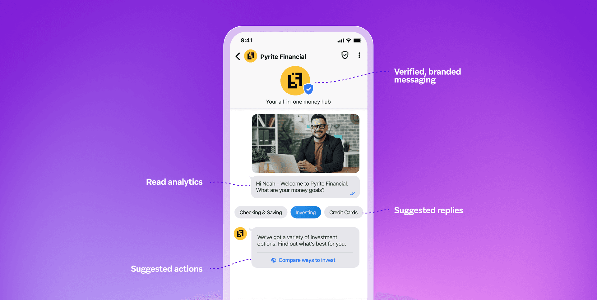 a screenshot of a financial app on a purple background