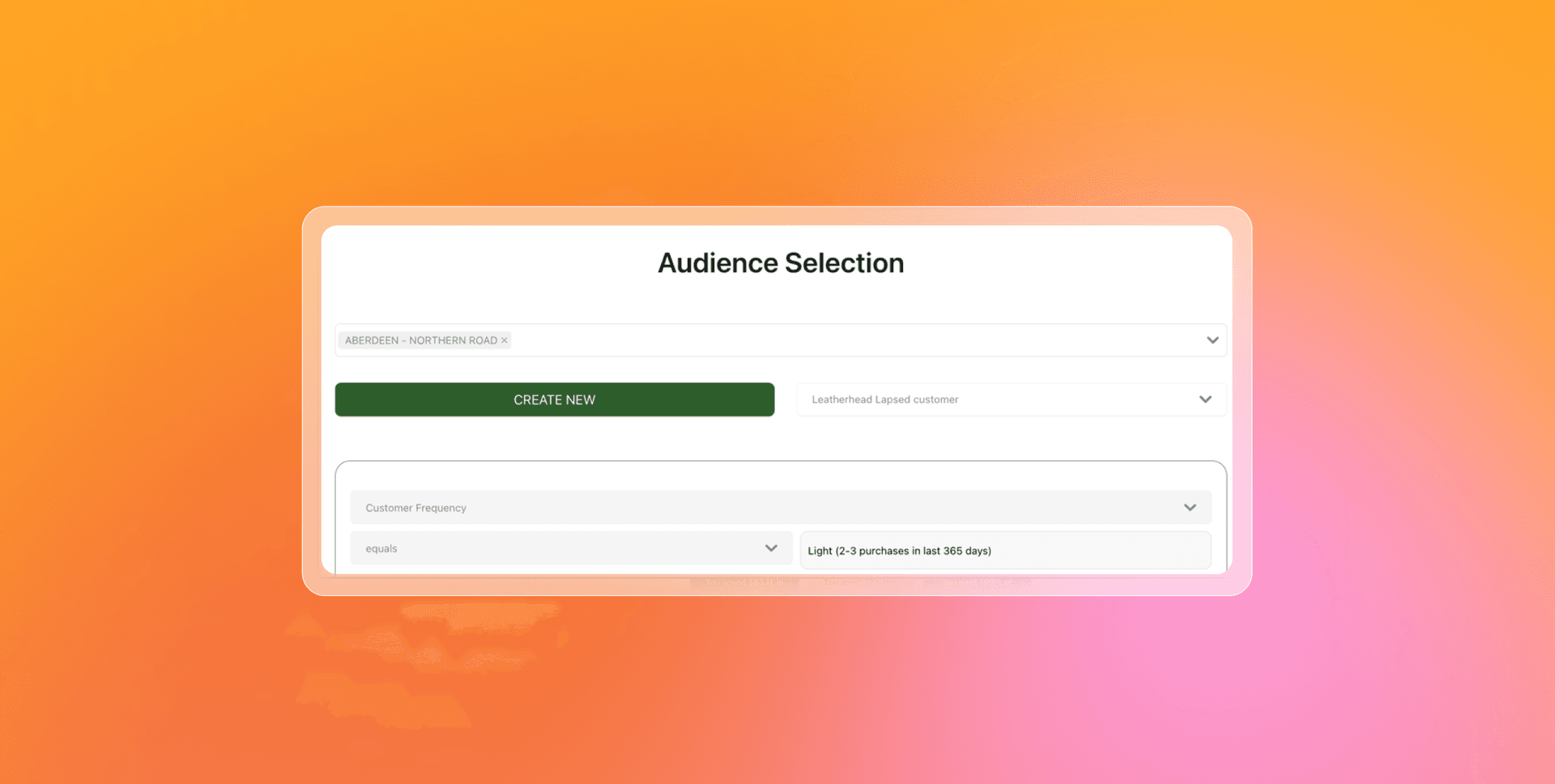 Audience selection UI with dropdowns for customer location, loyalty, and purchase frequency.