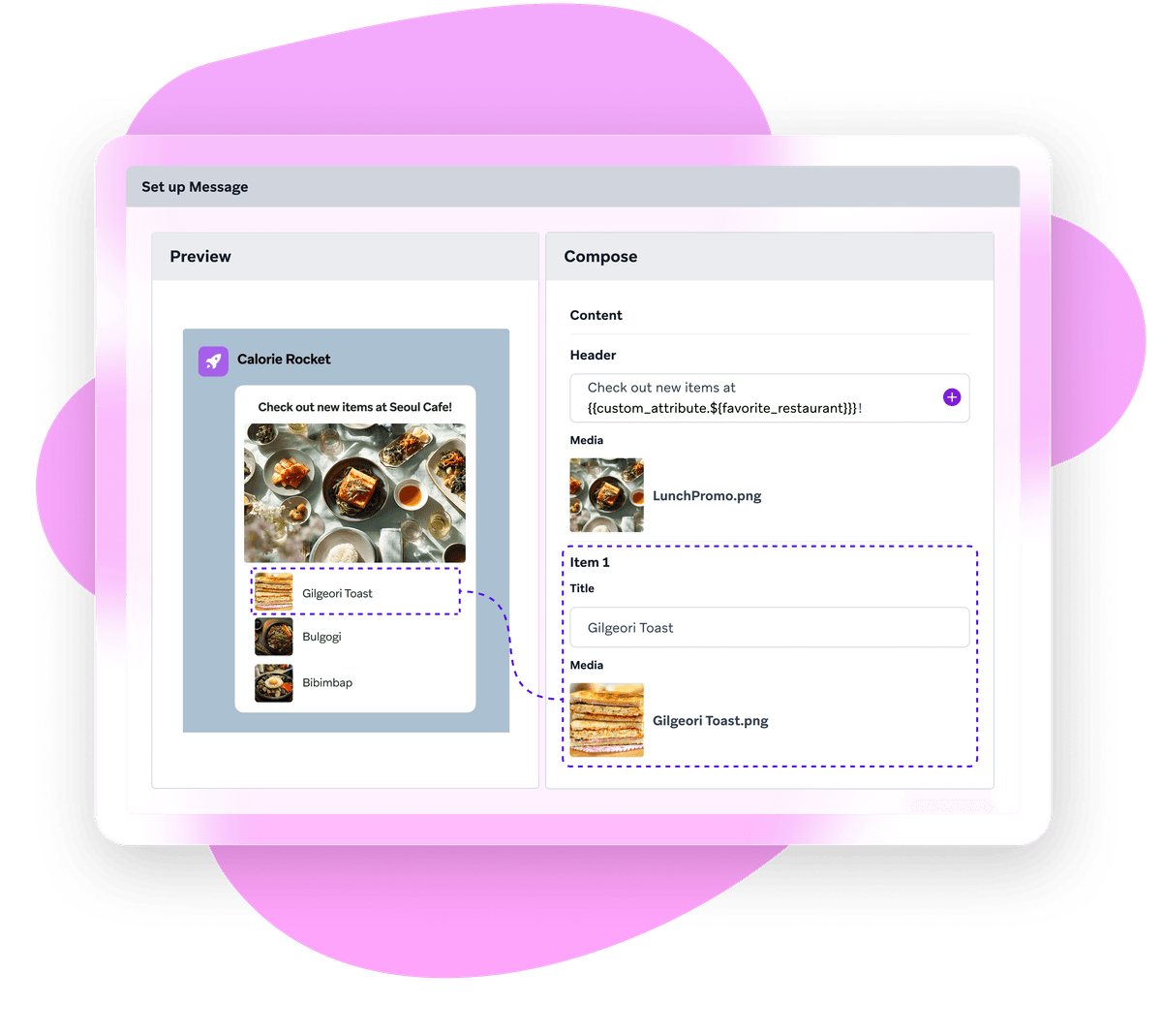 A software interface for composing and previewing mobile messages, showing a food promotion with items like "Gilgeori Toast" in a mobile preview on the left and editable content fields on the right.