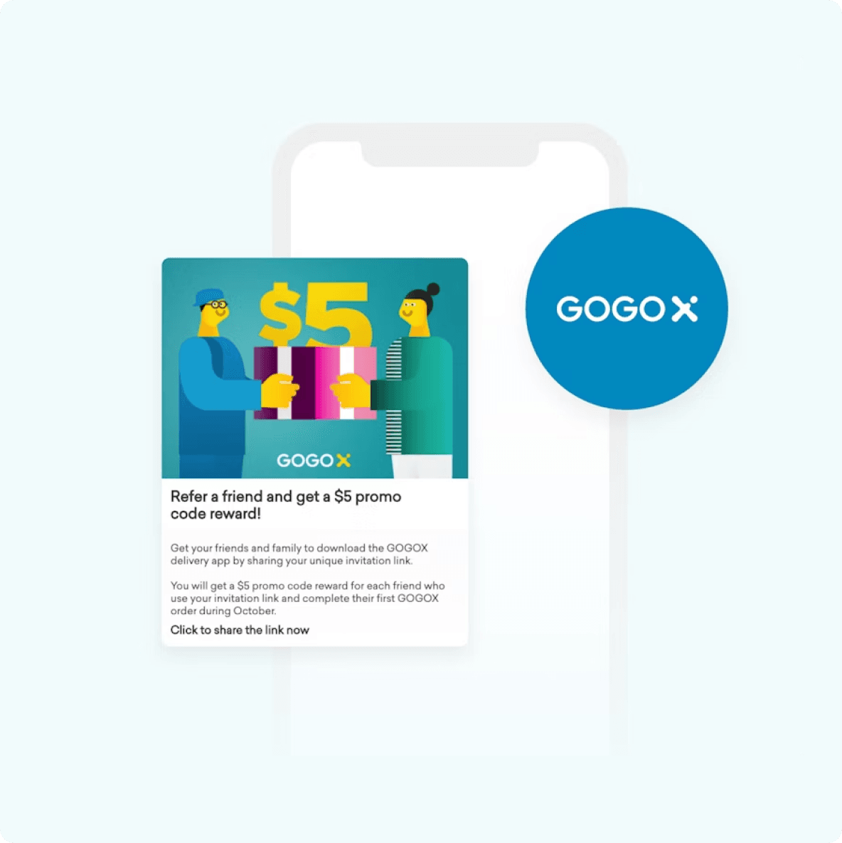 GOGOX refer-a-friend promotion for a $5 reward, displayed on a phone with an illustration of two people exchanging a gift.