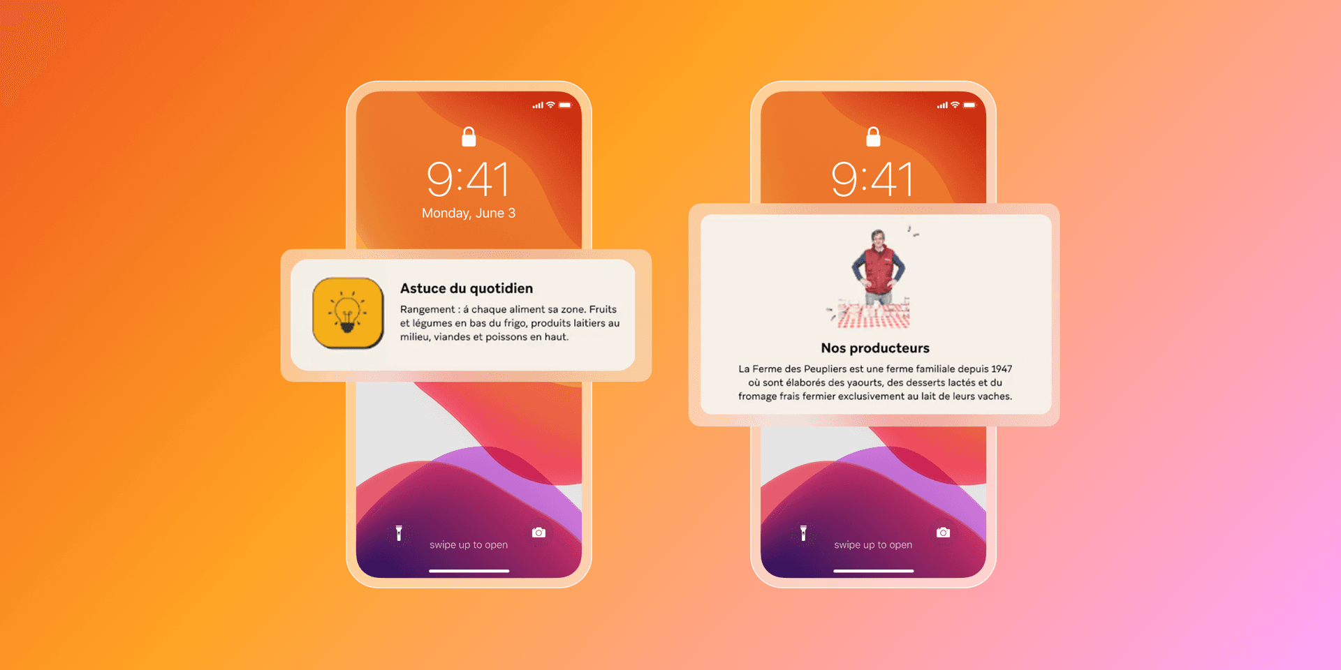 Two iPhones on an orange background, displaying lock screen notifications in French: a 'daily tip' and 'our producers' information.