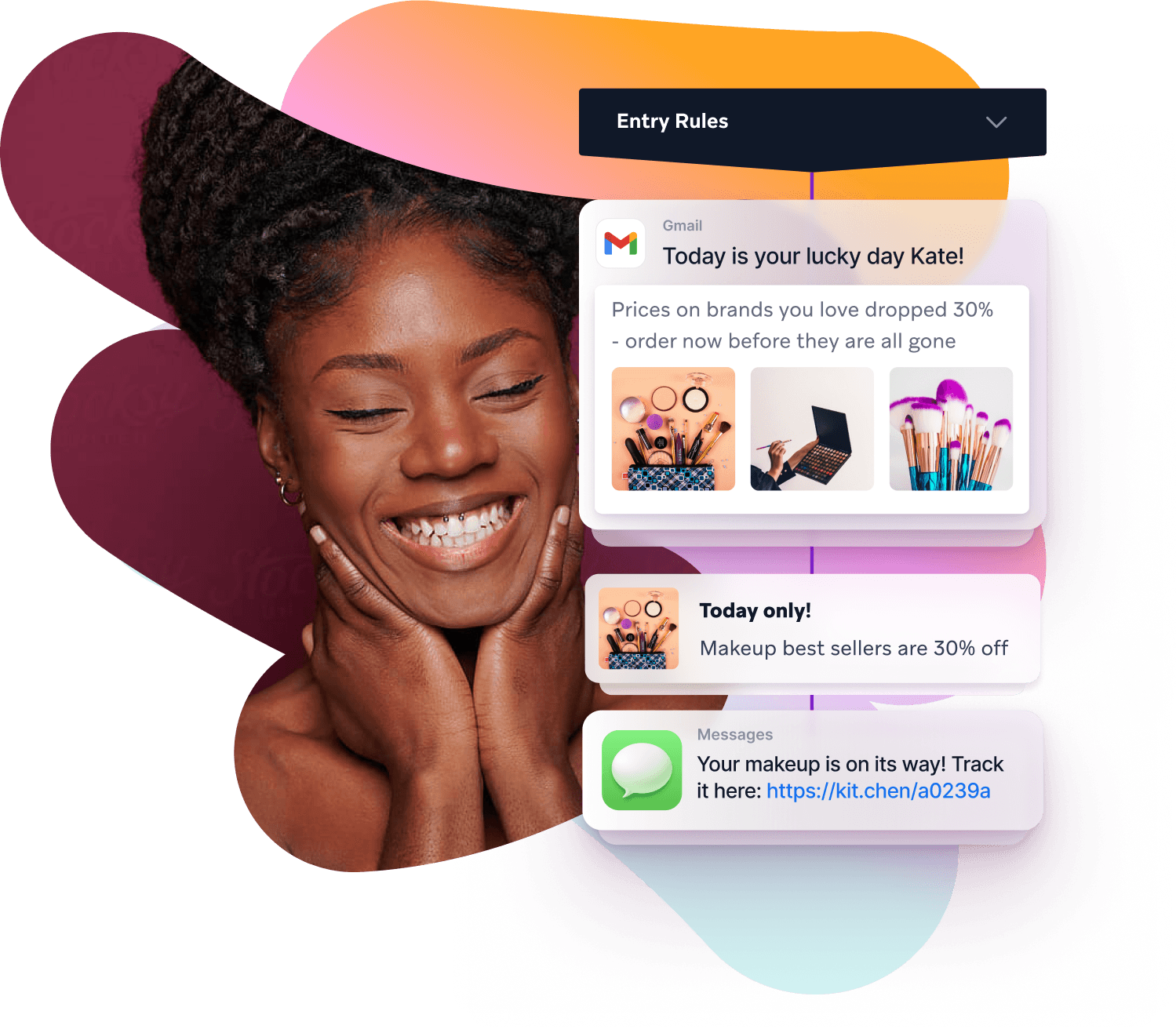 Cross-channel marketing solutions with a woman is smiling in front of a screen that says entry rules