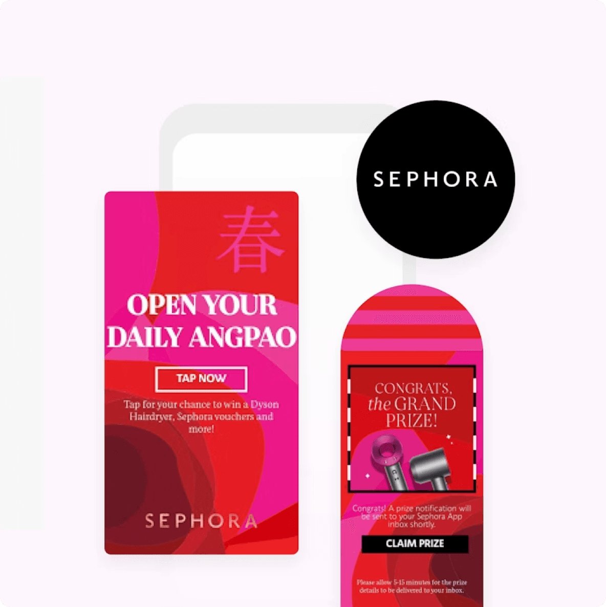 Sephora mobile app screens: an Angpao prize draw invitation and a grand prize notification featuring a Dyson hair dryer.