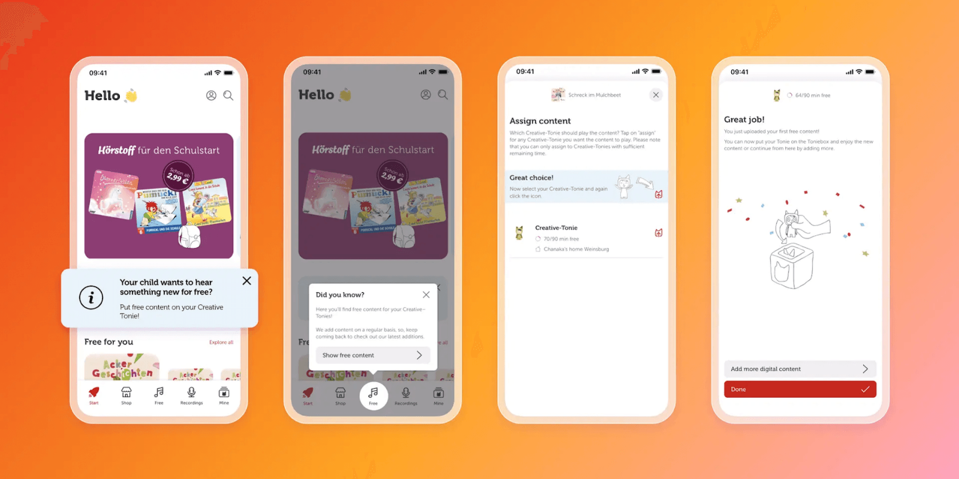 Four smartphone screens showing an app that assigns children's audio content.