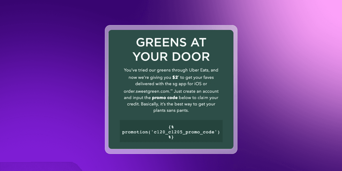 Sweetgreen "Greens at Your Door" promotion offering $2 off orders with a promo code.